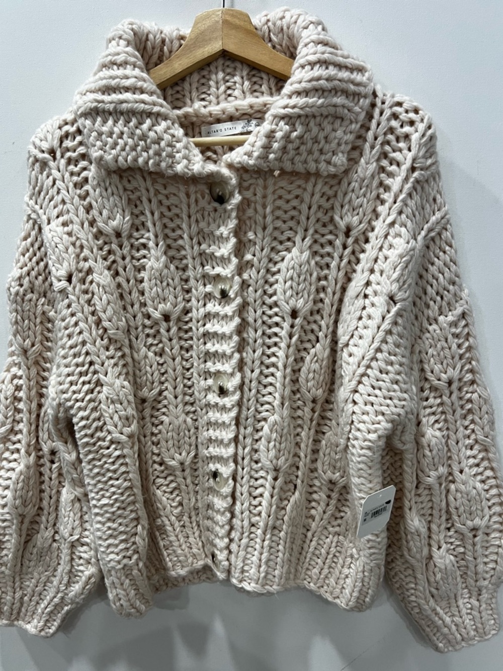 Altar'd State Chunky Pale Pink Cable Knit Cardigan with Fold Collar